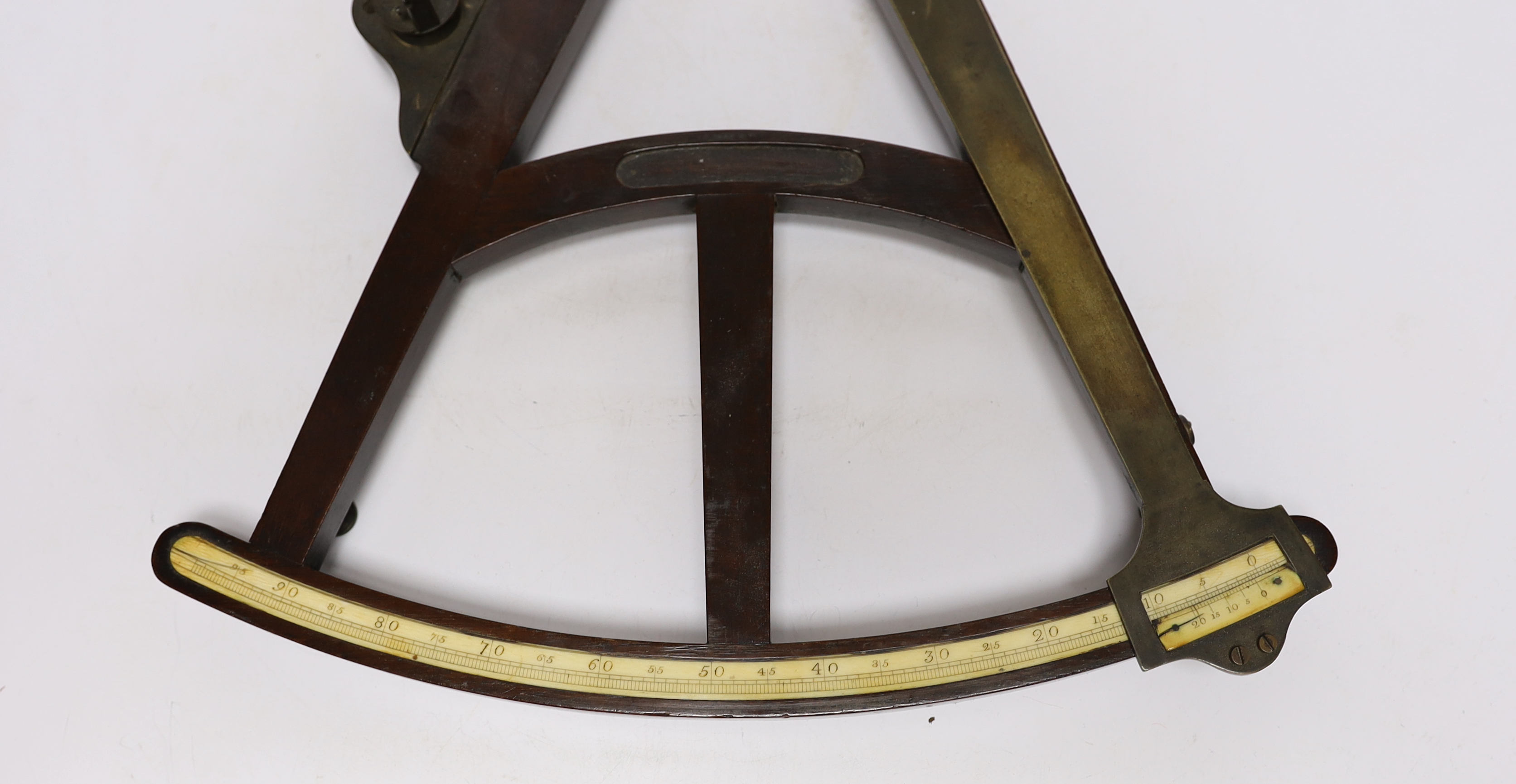 A Georgian mahogany brass mounted octant with ivory inlay, 40cm wide (CITES Submission reference 183KT4NW)